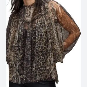 All Saints Perri Noche Chiffon Blouse Brown and Tan Ruffled.